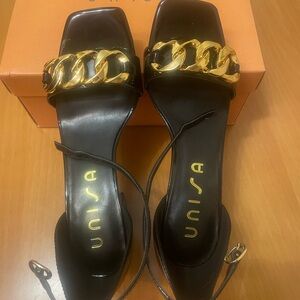Unisa Black Heeled Sandals with Gold Chain Detail